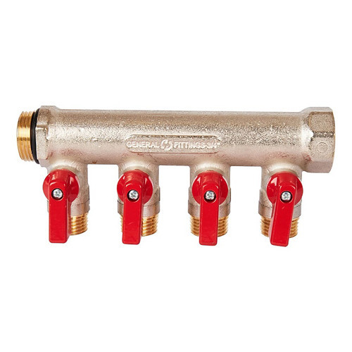 Коллектор распределительный STOUT SMB 6210 4 отвода ВР-НР 3/4"х1/2" DN 20 PN 10 с шаровыми кранами красная рукоятка уплотнительное кольцо 2