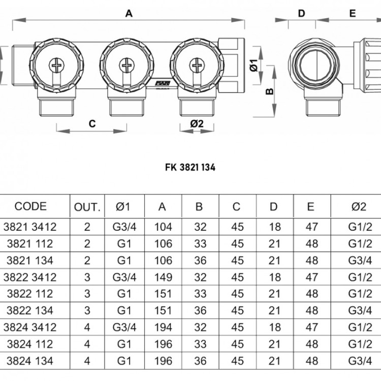 Коллектор распределительный FAR FK 3821 2 отвода ВР-НР 1"х3/4" DN 25 PN 16 с регулирующими клапанами 4