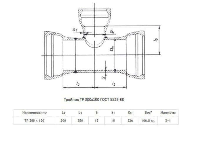 Тройник ТР Ду 300х100 ВЧШГ ГОСТ 5525-88 чугунный раструбный