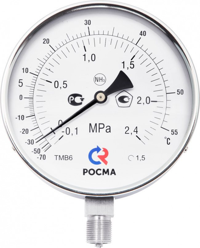 Мановакуумметр РОСМА ТМВ-621Р.00 NH3 (-0,1...2,4 МПа) Дкорп=150мм кл. 1,0 M20x1,5 Траб= -70...+55°C коррозионностойкий виброустойчивый радиальный, аммиак 00000001899