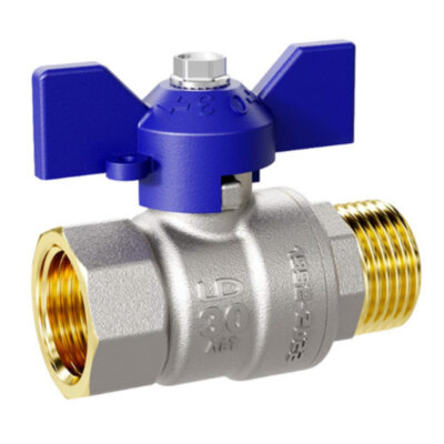 Кран шаровой латунный LD Pride 47.32.В-Н.Б Ду 32 Ру 25 резьба (ВР-НР) 1 1/4", никелированный с синей бабочкой, неполнопроходный
