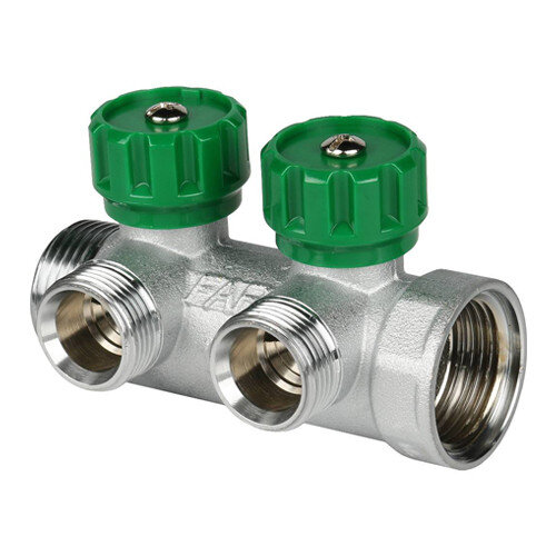 Коллектор распределительный FAR FK 3821 2 отвода ВР-НР 1"х1/2" DN 25 PN 16 с регулирующими клапанами плоское уплотнение