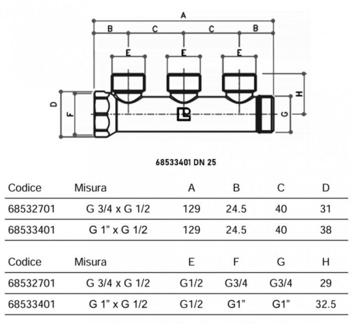 Коллектор распределительный Luxor CP 423 3 отвода ВР-НР 1"х1/2" DN 25 PN 10 без регулировки