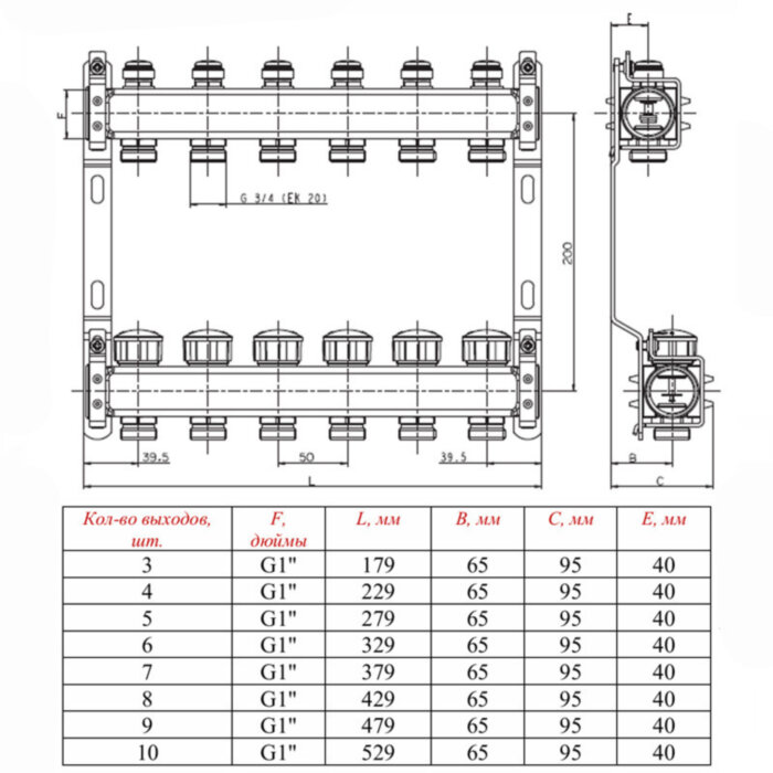 Коллекторная группа VALTEC VTc.582.EMNX.0609 9-ти контурный ВР-НР 1"x3/4" DN 25 PN 10 с регулирующими и балансировочными клапанами