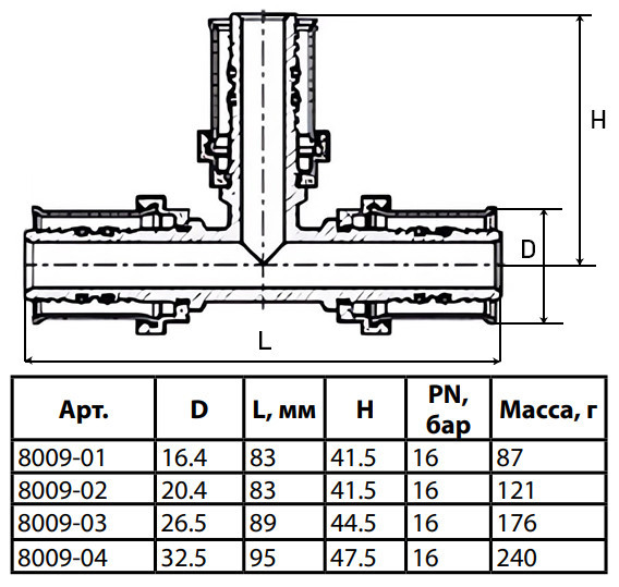 Тройник латунный Aquasfera 8009 DN 16.4 PN 16 покрытие - никель, пресс, 8009-01 4