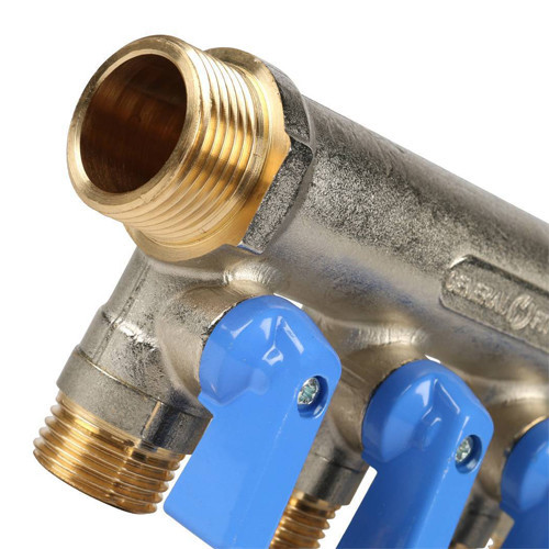 Коллектор распределительный STOUT SMB 6201 4 отвода ВР-НР 3/4"х1/2" DN 20 PN 10 с шаровыми кранами синяя рукоятка 3