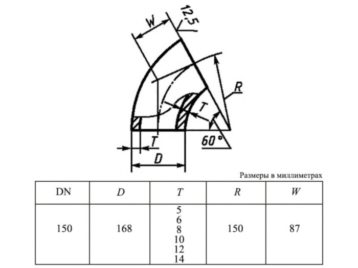 Отвод 60-168х8,0-Ст.20 ГОСТ 30753-2001 стальной бесшовный крутоизгогнутый