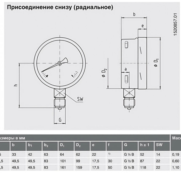 Манометр газовый 612.20.100 радиальный Дк100мм 0-60 мбар кл.1,6 G1/2" Wika 40199592 2