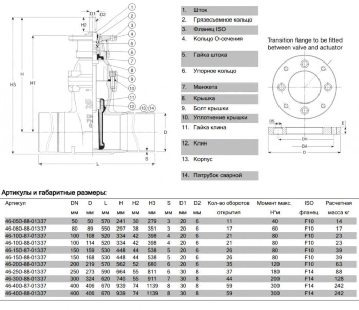 Задвижка AVK 46/78 DN 400 PN 16 с длинными сварными патрубками