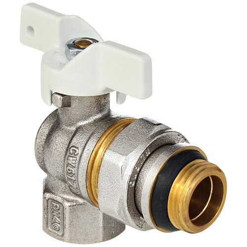Кран шаровой латунный угловой Aquasfera Standard 1128 DN 15 PN 40 резьба - 1/2''x3/4'', покрытие - никель, полнопроходной резьбовой ВР-НР с американкой, ручка-бабочка белая 1128-01