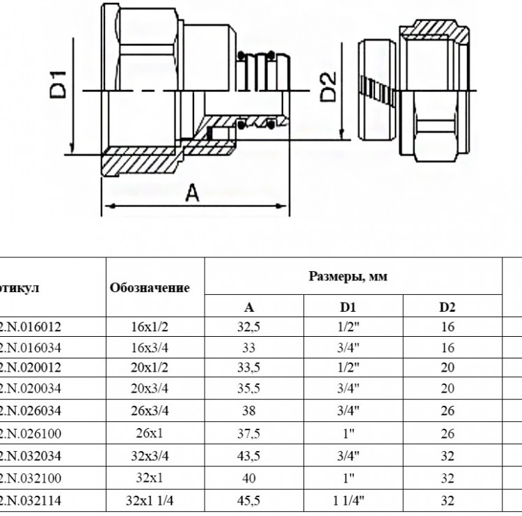 Соединитель обжимной VALFEX VF.302.N ВР 3/4" Ду 32 Ру 25 переход на внутреннюю резьбу, никелированный латунный 2