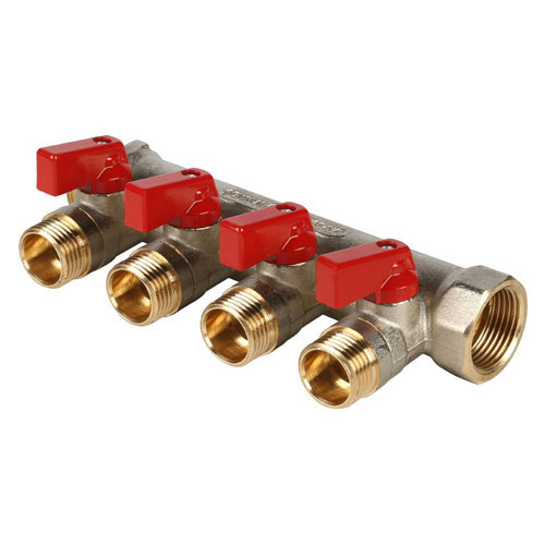 Коллектор распределительный STOUT SMB 6200 4 отвода ВР-НР 3/4"х1/2" DN 20 PN 10 с шаровыми кранами красная рукоятка