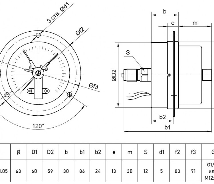 Мановакуумметр РОСМА ТМВ-310ТКП.05 (-0,1...0,3 МПа) Дкорп=63мм кл. 2,5 G1/4" общетехнический с ЭКП и передним фланцем, осевой 00000031991 2
