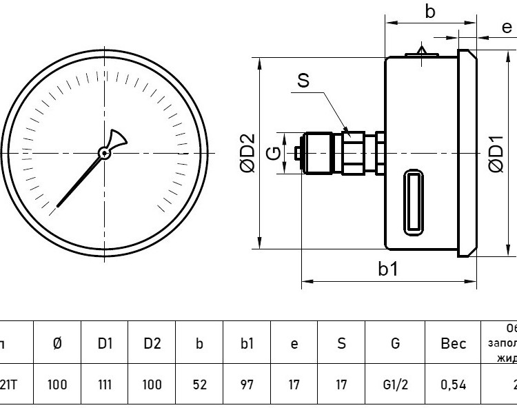 Манометр РОСМА ТМ-521Т.00 (0...0,25 МПа) Дкорп=100мм кл. 1,0 G1/2" коррозионностойкий виброустойчивый осевой 00000040153 2