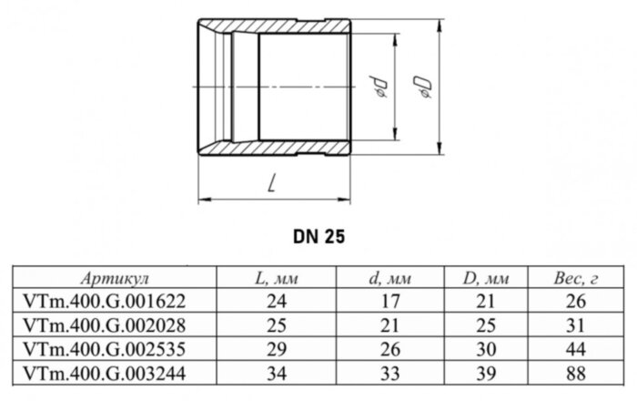 Гильза VALTEC VTm.400.G DN 25 PN 16 латунная