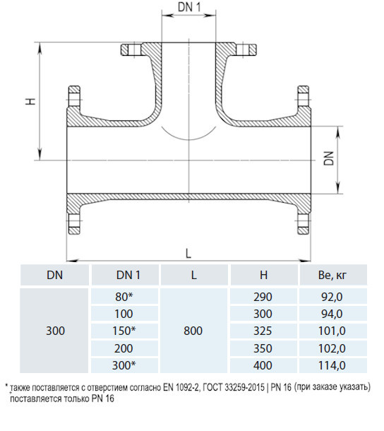 Тройник фланцевый HAWLE 8510 DN 300-300 PN 16 3
