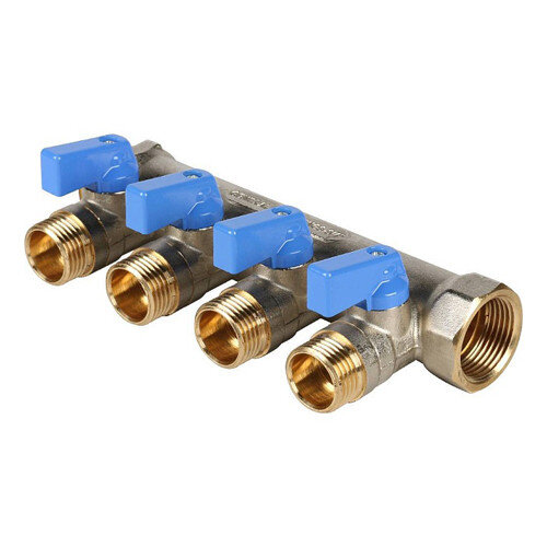 Коллектор распределительный STOUT SMB 6201 4 отвода ВР-НР 3/4"х1/2" DN 20 PN 10 с шаровыми кранами синяя рукоятка