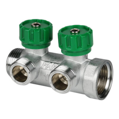 Коллектор распределительный FAR FK 3821 2 отвода ВР-НР 1"х3/4" DN 25 PN 16 с регулирующими клапанами плоское уплотнение