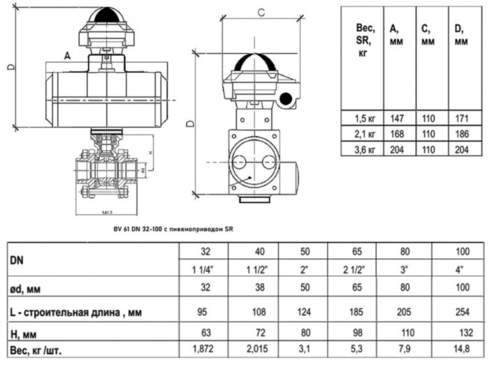 Кран шаровой ABRA BV61 SR DN 40 PN 40 с пневмоприводом нержавеющая сталь