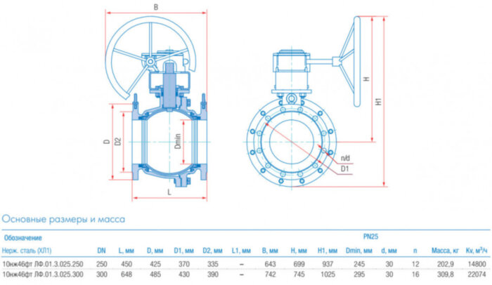 Кран шаровой литой Маршал 10нж46фт ЛФ.01.3 DN 250 PN 25 полнопроходной фланцевый