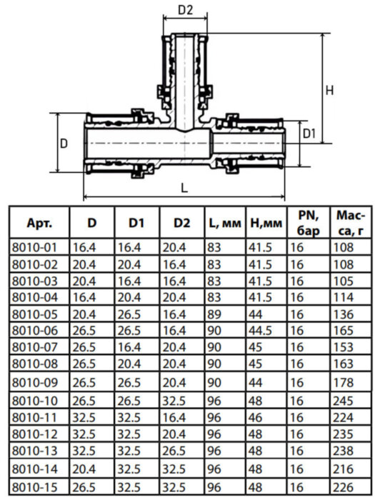 Тройник переходной латунный Aquasfera 8010 DN 20.4х20.4х16.4 PN 16 покрытие - никель, пресс, 8010-02