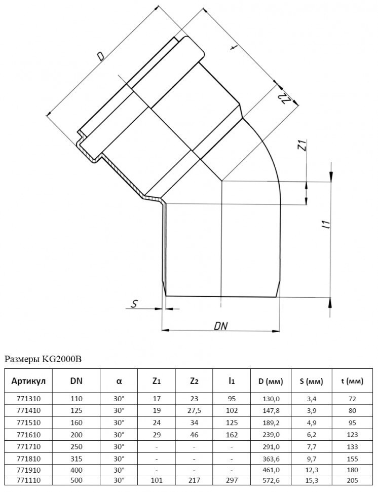 Отвод канализационный PP-MD Ostendorf KG2000B DN 315х30° усиленный