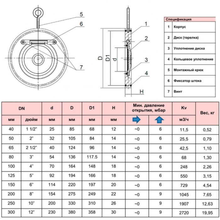 Клапан обратный одностворчатый РАШВОРК 4406 Ду250 Ру16 нержавеющий межфланцевый