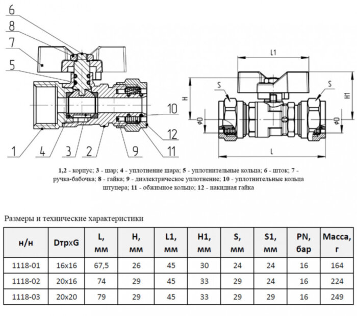 Кран шаровой латунный для МП Aquasfera Standard 1118 DN 20х20 PN 16 покрытие - никель, неполнопроходной компрессионный, ручка-бабочка белая 1118-03