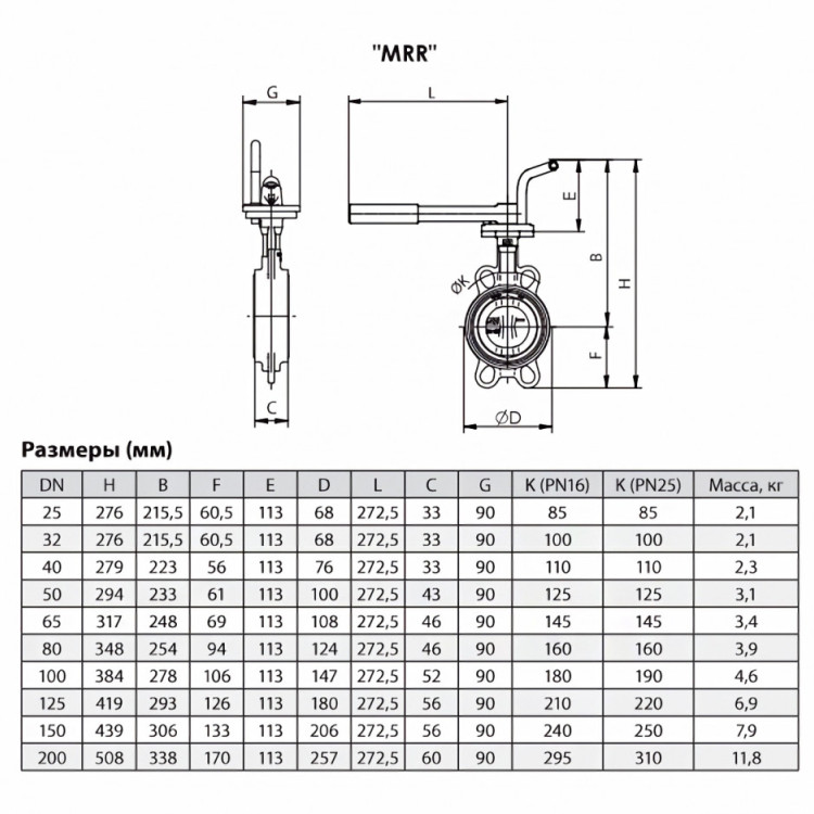 Затвор ADL ГРАНВЭЛ ЗПТС DN 200 PN 16 с рукояткой MRR 2