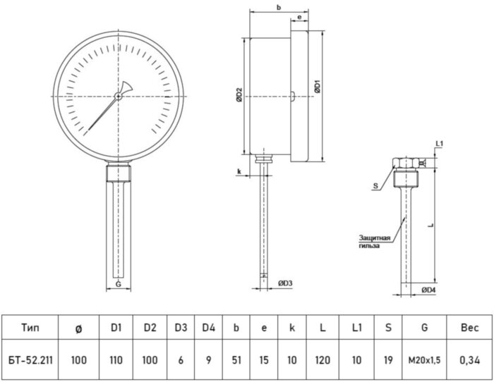 Термометр РОСМА БТ-52.211-120 Дкорп=100мм 2,5 МПа кл. 1,5 M20х1,5 Tраб = 0...+100°C биметаллический радиальный 00000002635