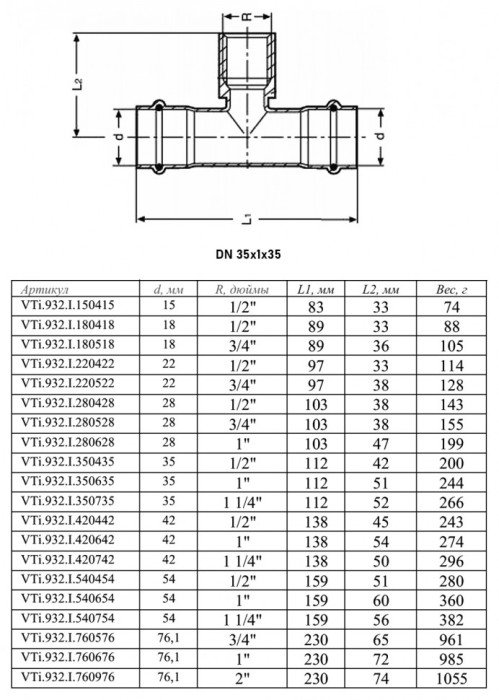 Тройник переходной VALTEC VTi.932.I ВР 1" DN 35x25x35 PN 16 нержавеющая сталь
