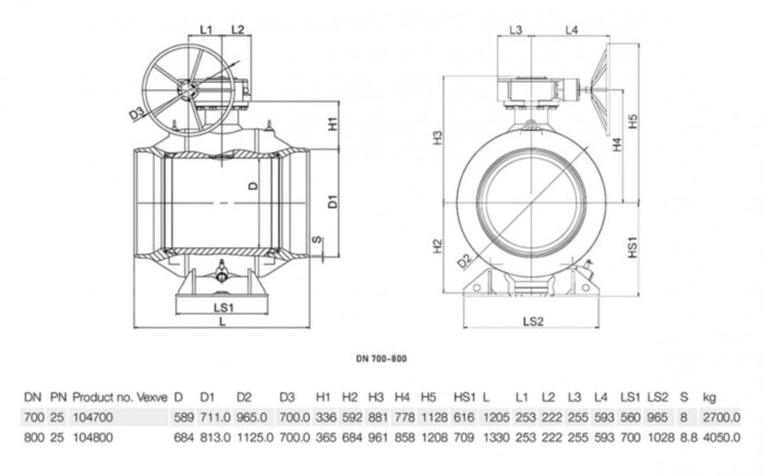 Кран шаровой Vexve 104700 DN 700 PN 25 стальной стандартнопроходный под приварку для жидкости, с ручным редуктором