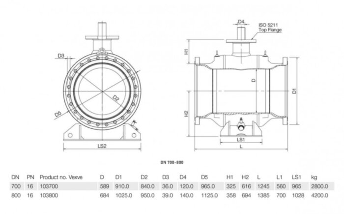 Кран шаровой Vexve 103800 DN 800 стальной стандартнопроходный фланцевый для жидкости, ручка-рычаг
