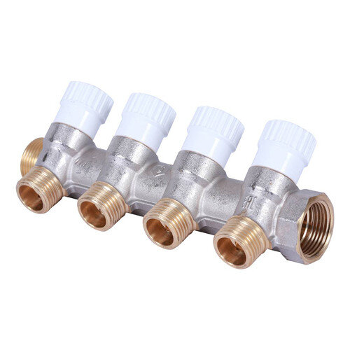 Коллектор распределительный STOUT SMB 6852 4 отвода ВР-НР 3/4"х1/2" DN 20 PN 10 с запорными клапанами плоское уплотнение