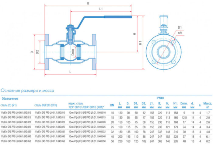Кран шаровой Маршал 11с67п GAS PRO ЦФ.00.1 DN 50 PN 40 полнопроходной фланцевый