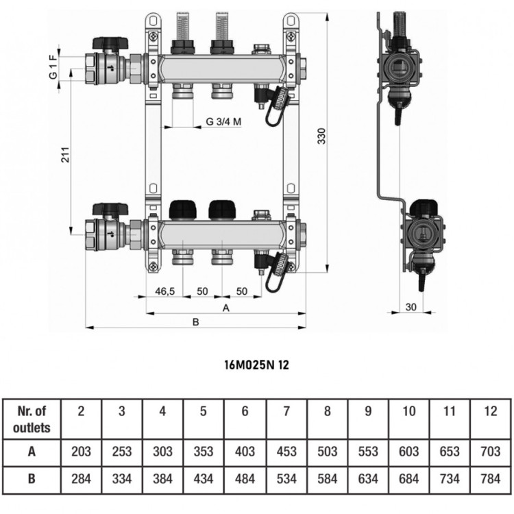 Коллекторная группа BARBERI 16M 12-ти контурный ВР-НР 1"x3/4" DN 25 PN 6 с регулирующими клапанами 2