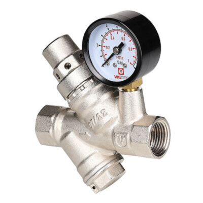 Редуктор давления VALTEC VT.082.N.04 1/2'' DN 15 PN 16 поршневой, прямого действия, с фильтром и манометром, латунный с никелевым покрытием