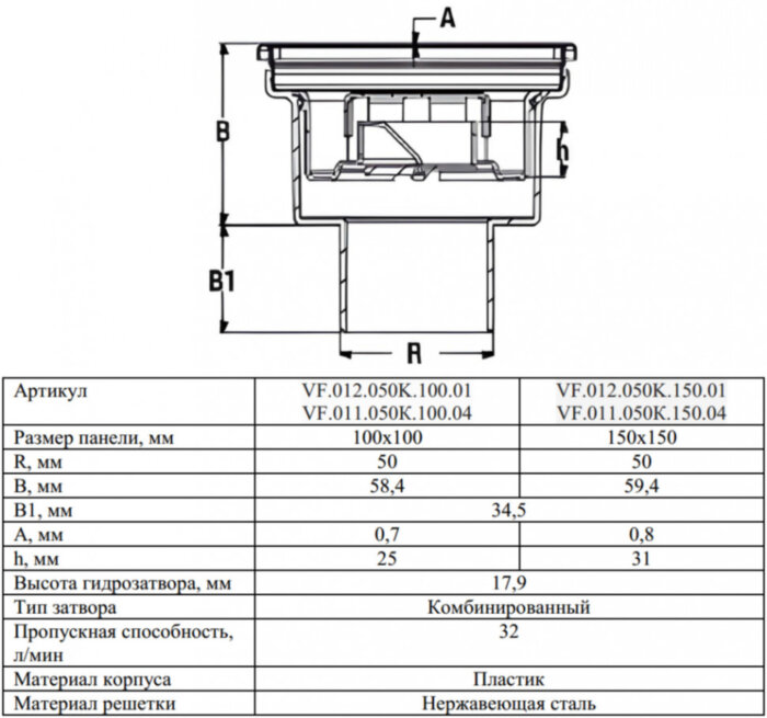 Трап вертикальный VALFEX VF.012.050K.150.01 Ду 50 с решеткой и окантовкой из нерж.стали