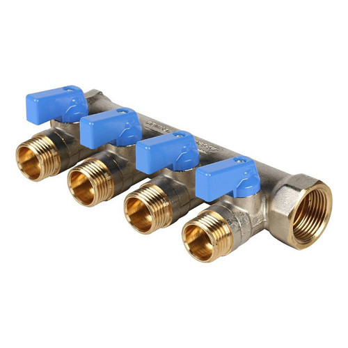Коллектор распределительный STOUT SMB 6201 4 отвода ВР-НР 3/4"х1/2" DN 20 PN 10 с шаровыми кранами синяя рукоятка 1