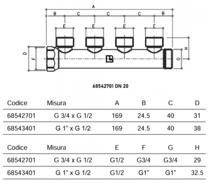 Коллектор распределительный Luxor CP 424 4 отвода ВР-НР 3/4"х1/2" DN 20 PN 10 без регулировки