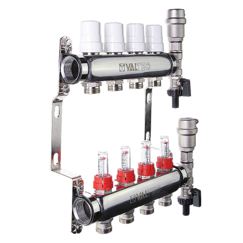 Коллекторная группа VALTEC VTc.589.EMNX.0604 4-х контурный ВР-НР 1"x3/4" DN 25 PN 9 с регулирующими клапанами и расходомерами