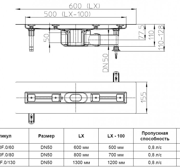 Плоский душевой лоток HL50F.0/60 DN50 L=600мм Min.высота=110мм, горизонтальный выпуск, без решетки 2