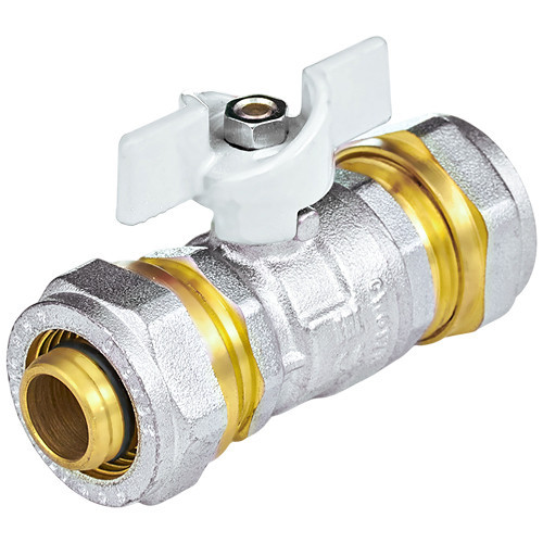 Кран шаровой латунный для МП Aquasfera Standard 1118 DN 20х20 PN 16 покрытие - никель, неполнопроходной компрессионный, ручка-бабочка белая 1118-03 1