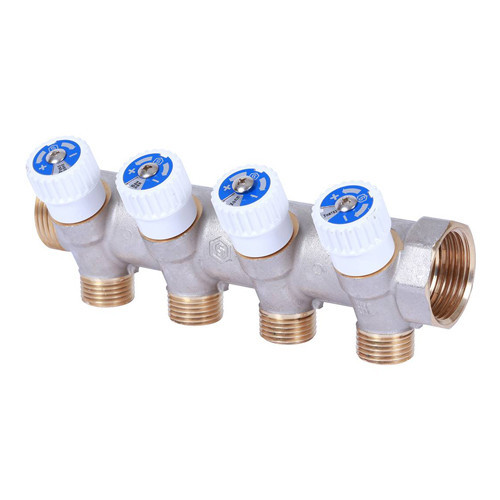 Коллектор распределительный STOUT SMB 6852 4 отвода ВР-НР 1"х1/2" DN 25 PN 10 с запорными клапанами плоское уплотнение