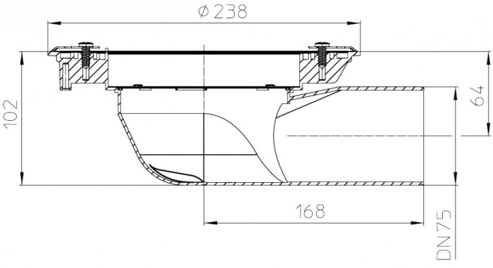 Корпус трапа HL5100TK DN75 горизонтальный выпуск, фланец, монтажная заглушка, фиксаторы