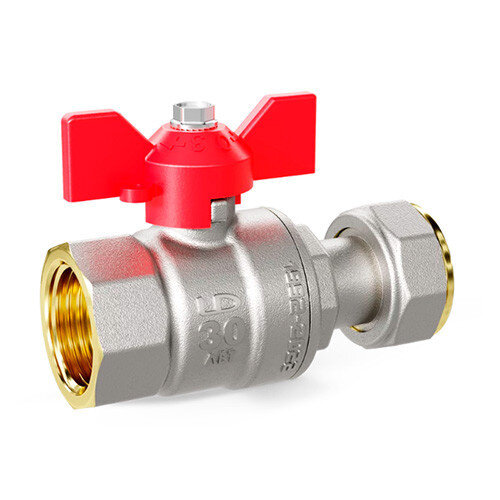Кран шаровой латунный LD Pride 47.20.В-НкГк.Б Ду 20 Ру 40 резьба (ВР-ВР) 3/4", никелированный с красной бабочкой, неполнопроходный