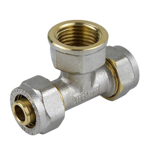 Тройник латунный Aquasfera 7013 DN 25x35 PN 16 резьба - 1'', покрытие - никель, с креплением, резьбовой ВР/компрессионный, 7013-05