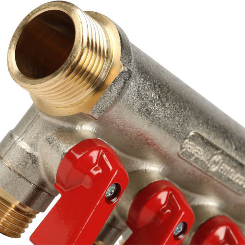 Коллектор распределительный STOUT SMB 6200 4 отвода ВР-НР 3/4"х1/2" DN 20 PN 10 с шаровыми кранами красная рукоятка 3