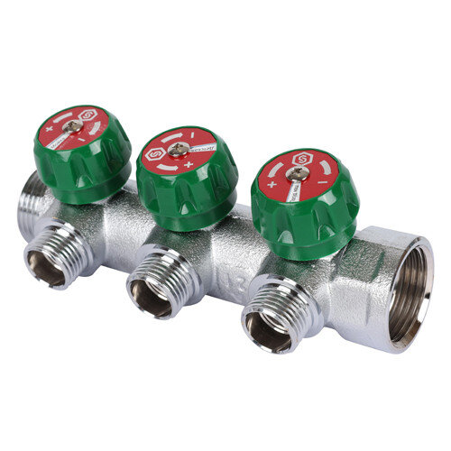 Коллектор распределительный STOUT SMB 6849 3 отвода ВР-НР 3/4"х1/2" DN 20 PN 16 с регулирующими клапанами плоское уплотнение