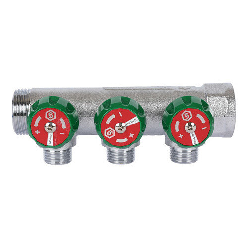 Коллектор распределительный STOUT SMB 6849 3 отвода ВР-НР 3/4"х1/2" DN 20 PN 16 с регулирующими клапанами плоское уплотнение
